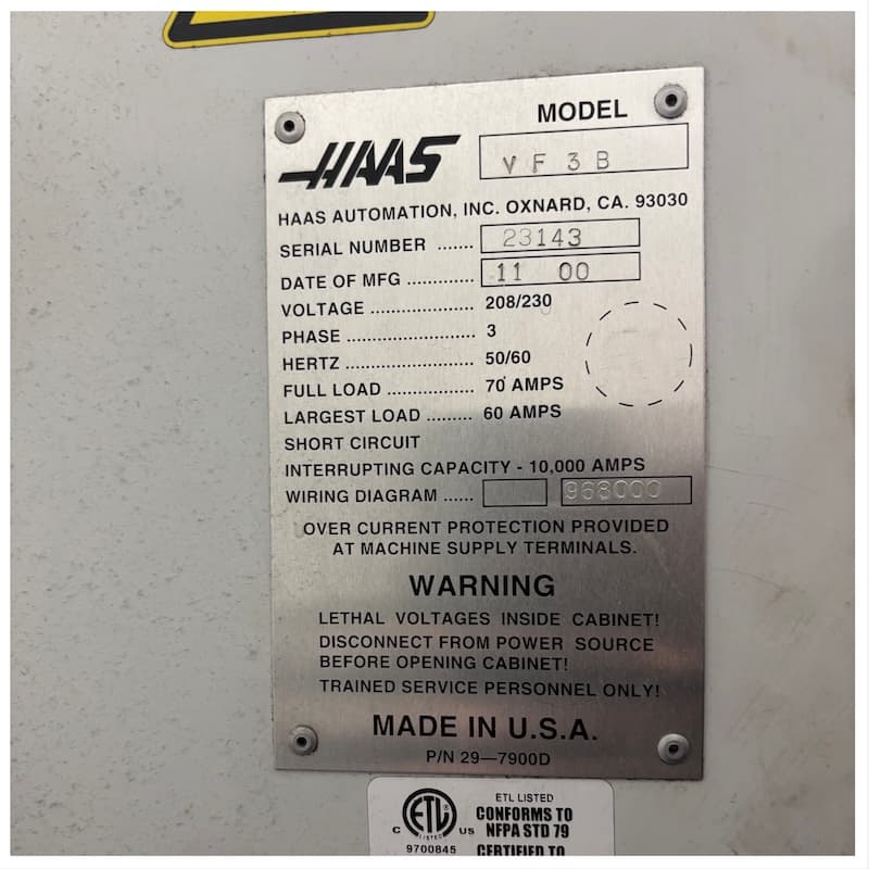 HAAS VF-3B, CNC Vertical Machining Center, late 2000, S/N 23143